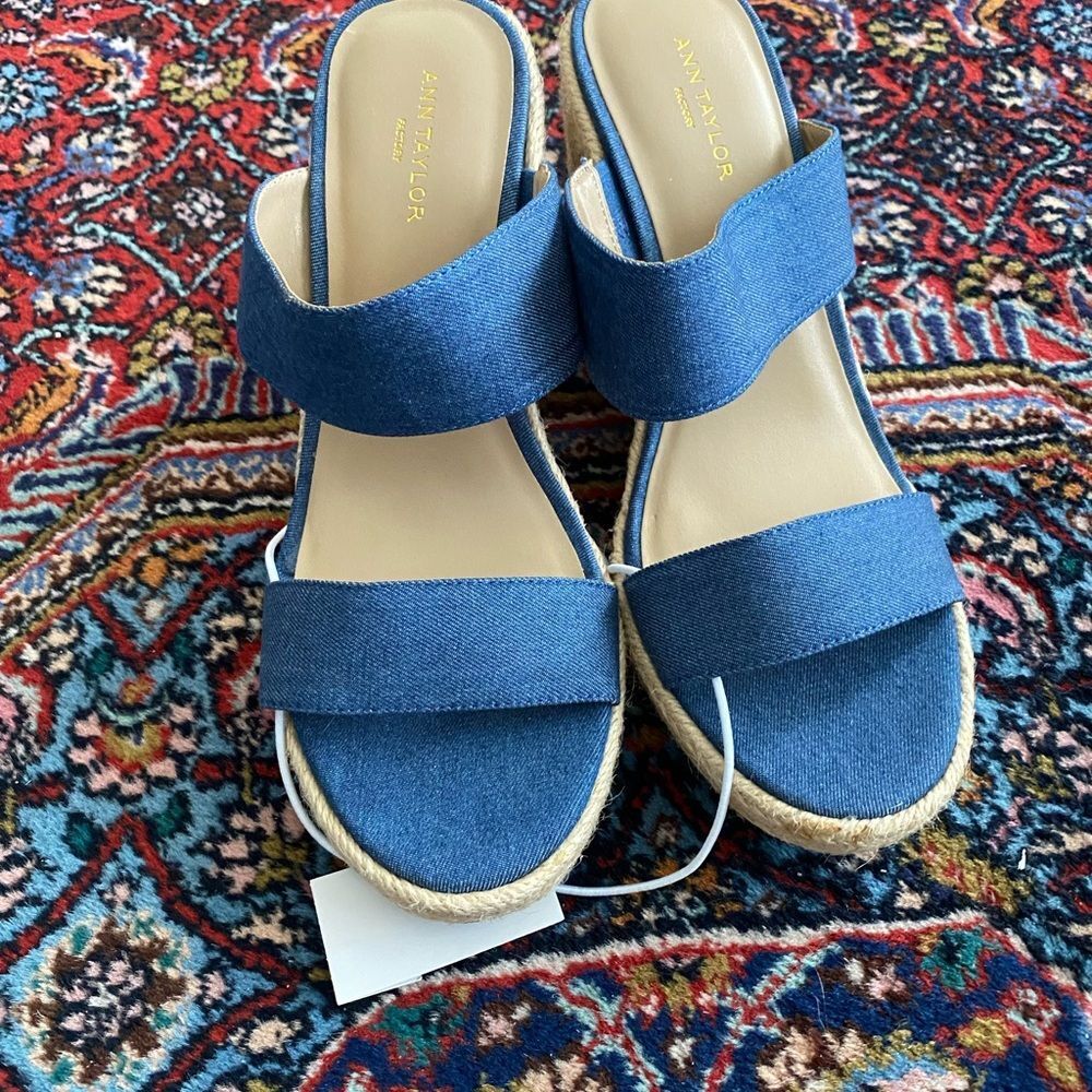 NWT Ann Taylor Factory Denim Blue Espadrille Wedge Sandals | Size 7